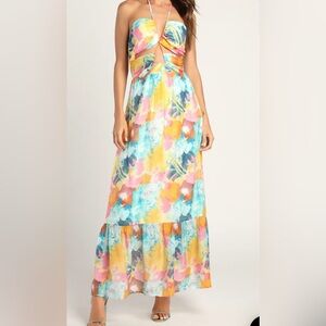 Lulus Stunning One Multi Abstract Print Drawstring Halter Maxi Dress